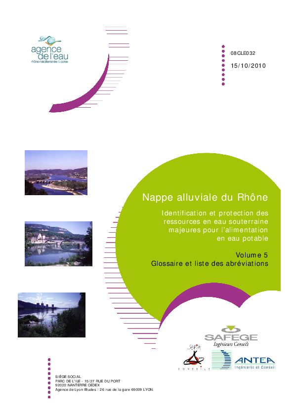 Nappe alluviale du Rhône Identification et protection des ressources en eau souterraine majeures pour l'alimentation en eau potable. Volume 5. Glossaire.