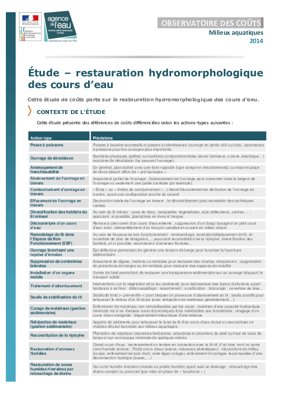 Coûts de référence des travaux de restauration hydromorphologique des cours d'eau, synthèse
