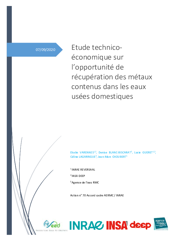 Récupération des métaux dans les eaux usées domestiques : étude technico-économique