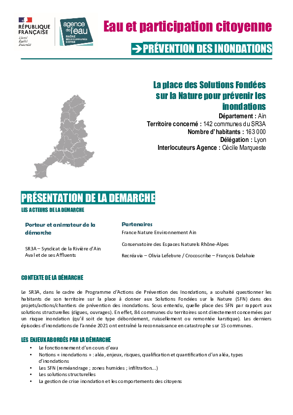 Retour d'expérience - La place des Solutions Fondées sur la Nature pour prévenir les inondations - SR3A (69)