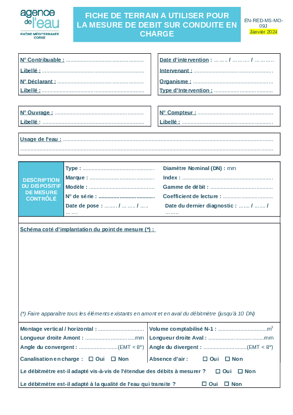 Fiche terrain pour le contrôle des débitmètres sur conduite en charge