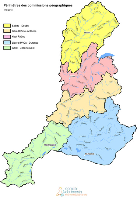 Carte des périmètres des commissions géographiques pour le bassin Rhône Méditerranée