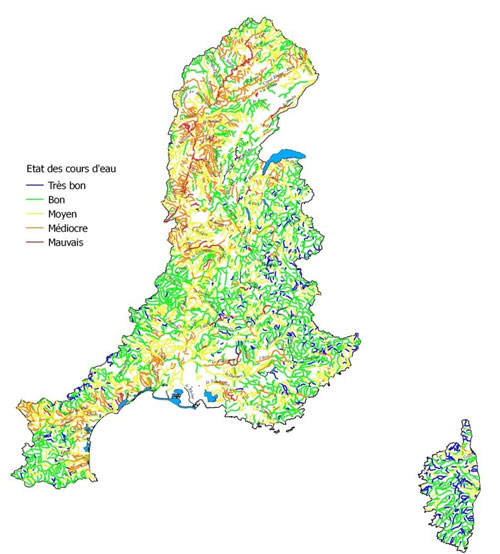 Carte de l'état des eaux des bassins Rhône-Méditerranée et Corse en 2015 (photo)