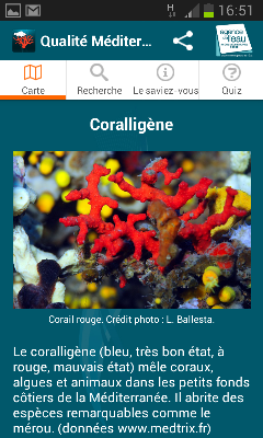 écran de l’application Méditerranée représentant une fiche paramètre, celle du coralligène