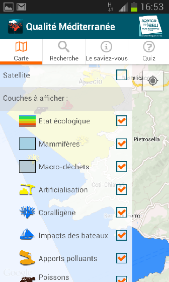 écran de l’application Méditerranée représentant la carte montrant la qualité par paramètre