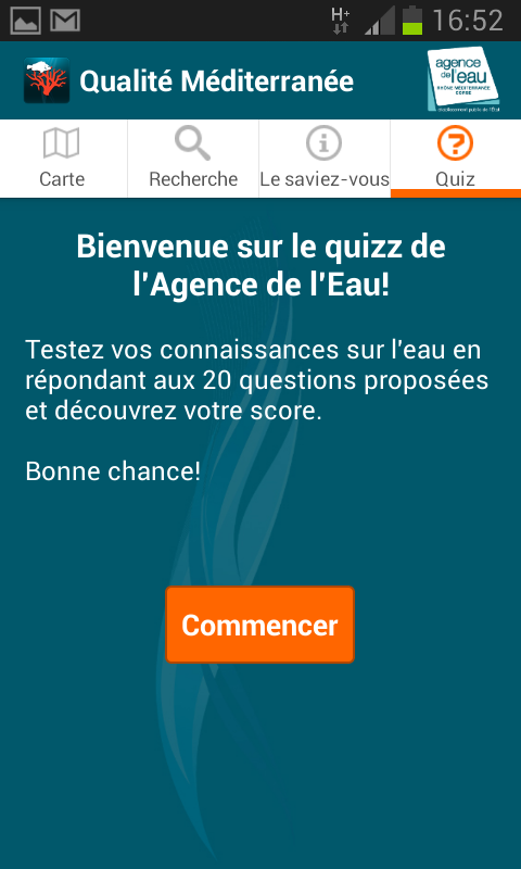écran de l’application Méditerranée représentant la page d’accueil du quiz